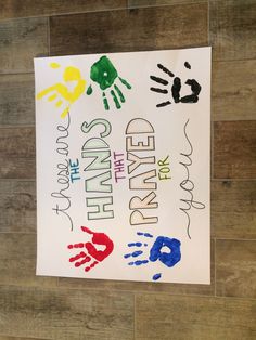 a sign with handprints on it that says, pray and pray for the children's hands