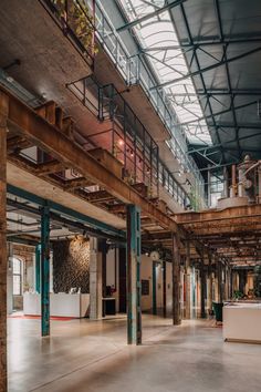 the inside of an industrial building with exposed ceilings