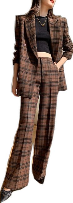 Vivian Seven Brown Fall Pantsuit For Office, Tailored Brown Pantsuit For Fall, Blazer And Wide Leg Pants, Confident Woman, Plaid Blazer, White Blazer, Height And Weight, Polyester Spandex, Leg Pants