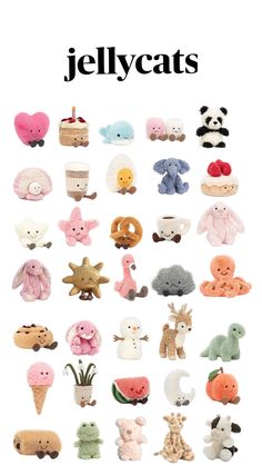 an advertisement for jellycats with many different types of animals on it's back