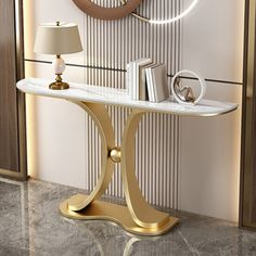 a console table with a clock on the wall behind it and a lamp next to it