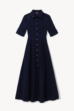 A maxi shirt dress made out of stretchy cotton poplin, the Joan Dress is a modern yet polished take on a classic. Chic Cotton Maxi Shirt Dress, Elegant Button-up Cotton Maxi Dress, Elegant Cotton Button-up Maxi Dress, Cotton Maxi Length Shirt Dress For Daywear, Cotton Maxi Shirt Dress For Daywear, Elegant Navy Button-up Dress, Navy Cotton Midi Dress, Chic Cotton Maxi Dress For Formal Occasions, Classic Cotton Casual Shirt Dress