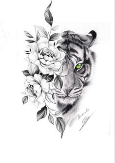 a drawing of a tiger with flowers on it's chest and eyes, in black and white