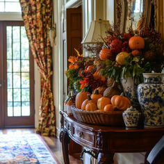 a table topped with lots of pumpkins on top of a wooden table next to a doorway