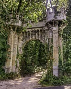 an old stone bridge with vines growing on it's sides and trees in the background