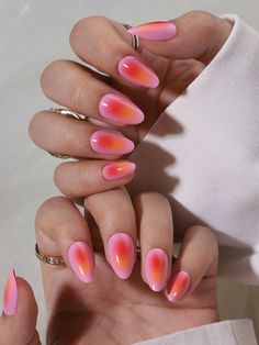 Multicolor  Collar   Plain,Plants Color Nails Embellished   Nail,Hand & Foot Care Gradient Manicure, Sunset Nails, Gel Press On Nails, Nail Time, Color Nails, Gel Press, Nail Supplies, Almond Shaped, Nail Jewelry