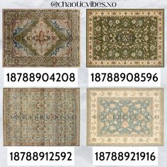 the number of rugs in each area is shown below and below them are four different colors