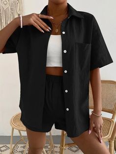 Features: Buttoned, Pocketed  Number of pieces: Two-piece  Stretch: Slightly stretchy  Material composition: 100% rayon  Care instructions: Machine wash cold. Tumble dry low.  Imported  Product measurements: S:Top Length 27.95 in, Bust 40.16 in, Sleeve Length 7.68 in, Waist 23.62 in, Bottom Length 14.76 in M:Top Length 28.35 in, Bust 41.73 in, Sleeve Length 7.87 in, Waist 25.20 in, Bottom Length 14.96 in L:Top Length 28.74 in, Bust 43.31 in, Sleeve Length 8.07 in, Waist 26.77 in, Bottom Length 1 Elastic Waist Shorts Outfit, Linen Two Piece Set, Shirt And Shorts Set, Shirt And Shorts, Elastic Waist Shorts, Two Piece Set, Shorts Set, Short Outfits, Summer Casual