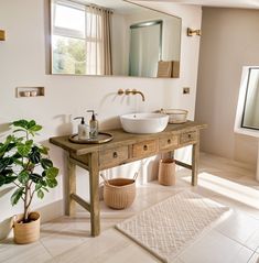 a bathroom with a sink, mirror and potted plant on the floor in front of it