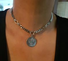 "♦ A silver chain necklace made of silver-plated brass in very high quality with EAGLE coin pendant. The necklace also comes in gold color. SIZE Length: 11.8\" (30cm) up to 19.8\"(50cm) width coin:1.37\" (3.5 cm) width chain: 0.24\" (0.6cm) ♦ This piece of jewelry is perfect as a gift for yourself, for the wedding day, Valentine's day or a birthday. If you're interested in sending a gift to a third party, just write your message to the recipient and I will do so with joy. ♦ The jewel will be sen Handmade Silver Coin Medallion Necklace, Handmade Silver Coin Necklace With Symbolic Style, Silver Medallion Chain Necklace, Coin-shaped Large Pendant Medallion Necklace As Gift, Nickel-free Sterling Silver Medallion Necklaces, Nickel-free Bohemian Medallion Coin Necklace, Silver Coin-shaped Medallion Necklace, Bohemian Nickel-free Pendant Coin Necklace, Eagle Coin