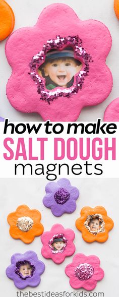 how to make salt dough magnets that look like flowers with the words how to make salt dough magnets on them