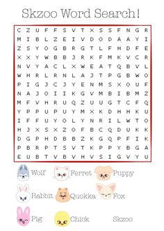 an animal word search is shown in this image