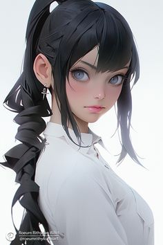 an anime character with black hair and blue eyes