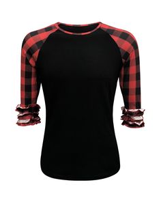 ILTEX Apparel Adult Clothing Buffalo Black Red Plaid Ruffle Adult Two Tone Shirt, Kids Tank Tops, Tank Top Dress, Ruffled Sleeve Top, Black Body, Ruffled Sleeves, Ruffle Sleeves, Kids Tops, Red Plaid