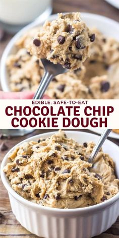 cookie dough in a white bowl with chocolate chips on top and text overlay that reads, cookie dough safe to eat & tastes exactly like the real thing