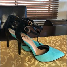 Two Strap Black And Turquoise Heels. Size 6/7 Chic Turquoise Heels For Evening, Turquoise Ankle Strap Heels For Party, Chic Turquoise Pointed Toe Heels, Turquoise Pointed Toe Party Heels, Chic Turquoise High Heels, Chic Turquoise Heels For Spring, Turquoise Pointed Toe Heels For Spring, Spring Turquoise Pointed Toe Heels, Turquoise Heels