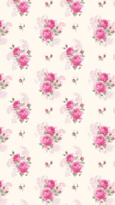 pink roses on a white background with green leaves and flowers in the center, all over