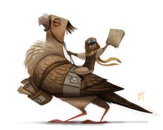 a bird with a person on it's back holding a piece of paper in its beak