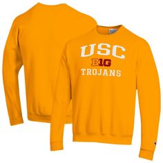 Stay warm and show your USC Trojans pride with this Champion Big Ten Powerblend Pullover Sweatshirt. This sweatshirt is crafted from ultra-soft, durable fleece, keeping you cozy and warm whether you're cheering from the stands or braving the elements on game day. The bold team wordmark printed across the torso let everyone know you're a true USC Trojans fan. University Logo Cotton Sweatshirt For Fan Gear, University Logo Cotton Sweatshirt For Fans, University Logo Cotton Sweatshirt Fan Gear, Collegiate Long Sleeve Fleece Top, Team Logo Cotton Sweatshirt For Fall, Team Spirit Fleece Crew Top, Fall Team Logo Cotton Sweatshirt, Collegiate Crew T-shirt For Winter, Fall Cotton Sweatshirt With Team Logo