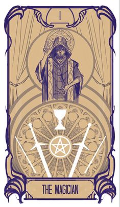 the magician tarot card with an image of a person holding a pen and surrounded by symbols