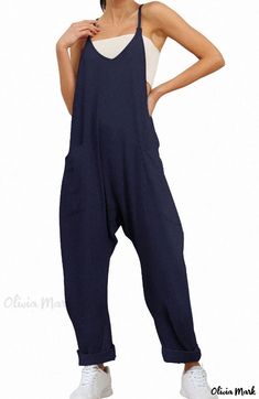 Olivia Mark - Zipper Pocket Suspender Jumpsuit Overall Trousers Suspender Jumpsuit, Pant Length, Olivia Mark, Clothing Patterns, Zipper Pocket, Length Sleeve, Overalls, Jumpsuit, Navy Blue