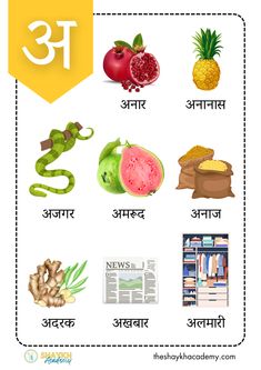 fruits and vegetables in the english language with pictures on each side, including an apple, watermelon, banana, pineapple