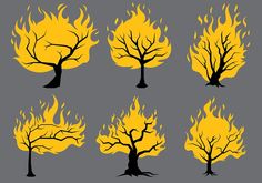 four different types of trees with yellow flames