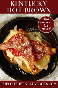 the southern lady cooks cookbook is shown with bacon and eggs in a cast iron skillet