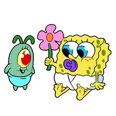 two cartoon characters one is holding a flower and the other has an odd looking face