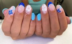 Fun Preppy Nails, Turquoise Nails Summer, Blue Almond Summer Nails, Trendy Summer Nails Blue, Beachy Nail Inspo Almond, Beach Nails Inspo 2024, Noelle Kate Nails, Fun Summer Nails Blue, Hot Summer Nails 2024