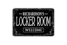 Design: Personalized Locker Room Sign  Please note, all rustic add-ons including any distressed marks are printed on and not real, so the sign is smooth to the touch.  We highly recommend taking tape and measuring the spot you plan on placing the sign at to ensure you order the right size for your perfect spot!  METAL SIGN FEATURES * Aluminum Metal Sign With Rounded Corners * Indoor or Outdoor Use * Ready To Hang - Two Pre-Drilled Holes Centered On The Shortest Sides Of The Sign As Shown In The Photos * Thickness: 0.032 inches (0.08 mm) - Perfect For Thin Light-Weight Art On The Wall * Gloss Print - Increased Vibrancy Of Artwork * All METAL Signs Ship in 1-3 Days * Multiple Sizes Available - To see our current sizes available, click the drop down menu. NOTE: Colors can vary a bit on differ Gym Workout Room, Workout Room, Custom Name Sign, Bunk House, Personalised Canvas, Locker Room, Canvas Signs, Room Signs, Custom Wall Art