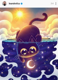 an image of a black cat floating in the ocean with stars and moon on it