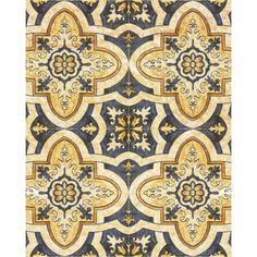 an intricately designed rug with blue, yellow and white colors