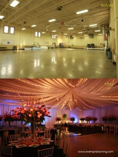 before and after photo of an indoor wedding venue with white drapes draped over the dance floor