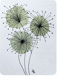 three dandelions are drawn on white paper