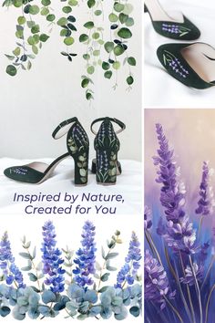 purple flowers and high heeled shoes are featured in this collage with the words inspired by nature, created for you