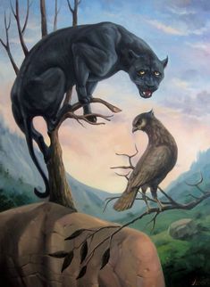 a painting of a black cat sitting on top of a tree next to a bird