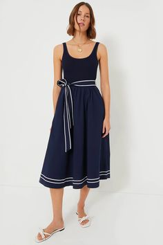 Nautical Navy Poplin Rib Midi Dress | Vineyard Vines Poplin Skirt, Rib Dress, Nautical Looks, Weekend Activities, Dressy Fashion, Martha's Vineyard, Ribbed Midi Dress, Casual Weekend, Ribbed Dresses