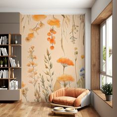 a living room with flowers painted on the wall and a chair in front of it