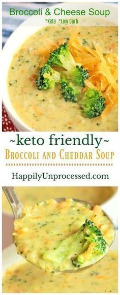 broccoli and cheese soup is shown in two different bowls with the words keto friendly, broccoli and cheddar soup