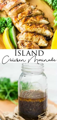 chicken marinade in a mason jar with lemons and parsley on the side