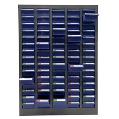 a wall mounted filing cabinet with several bins