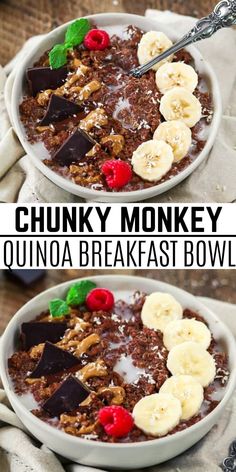 two bowls filled with quinoa breakfast bowl and topped with bananas, raspberries and chocolate