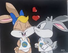 an image of two rabbits kissing each other on a black background with hearts in the background