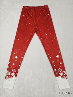 Lasaky - Womens Stretchy Leggings with Christmas Snowflake Print and Elastic Waist for Casual Comfort and Style Casual Christmas Holiday Bottoms, White Bottoms For Christmas Holiday, Casual Christmas Holiday Pants, Casual Holiday Pants For Christmas, Red Casual Leggings For Winter, Casual Pants For Winter Holiday, Red Casual Winter Leggings, Red Festive Bottoms For Winter, Red Festive Winter Bottoms