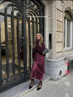 Satin Skirt Family Photo, Wine Silk Skirt Outfit, Hot Pink Silk Skirt Outfit, Burgundy Satin Skirt Outfit, Long Satin Skirt Outfit, Burgundy Skirt Outfit, Plum Outfit, Slip Skirt Outfit, Mary Jane Shoes Outfit