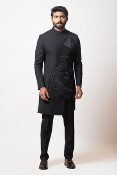 Shop for Paarsh Black Tricot Suiting Ocean Life Embroidered Achkan Set for Men Online at Aza Fashions Wedding Matching Outfits, Black Slim Fit Trousers, Men's Ethnic Wear, Western Jacket, Nehru Jackets, Indo Western, Fashion Design Clothes, Full Sleeves, Ocean Life