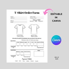 a t - shirt order form is shown with an arrow pointing to the front and back