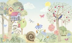 an illustration of a house in the woods with trees and flowers around it, including a snail