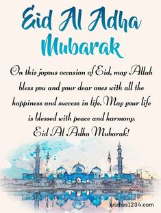 eid al adha mubarak with mosques and blue watercolor background